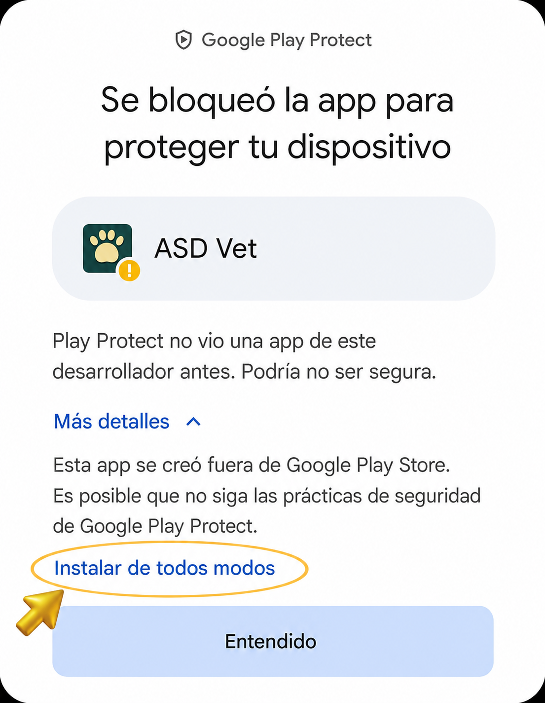 Google Play Protect con la opción Instalar de todos modos destacada